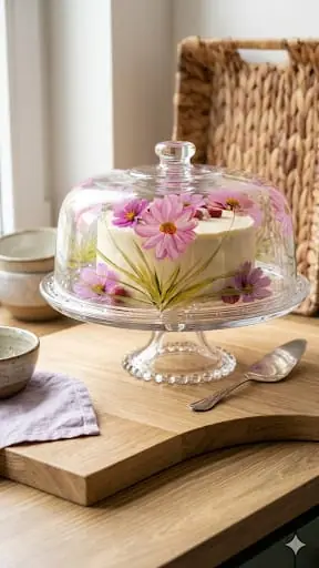 Boleira com bolo sob cúpula pintada com flores