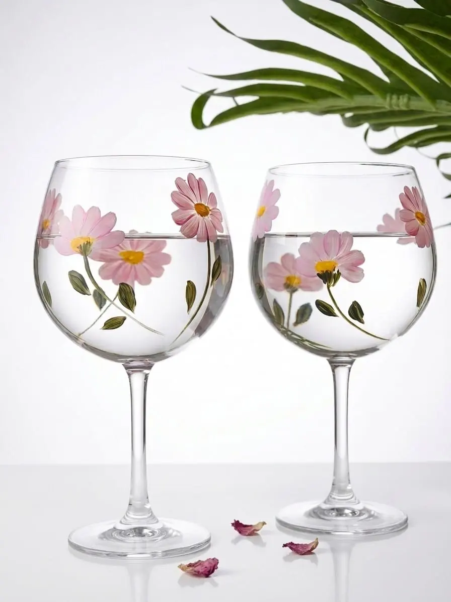 Taças de vidro pintadas à mão com margaridas cor-de-rosa, do ateliê Pétala & Pincel
