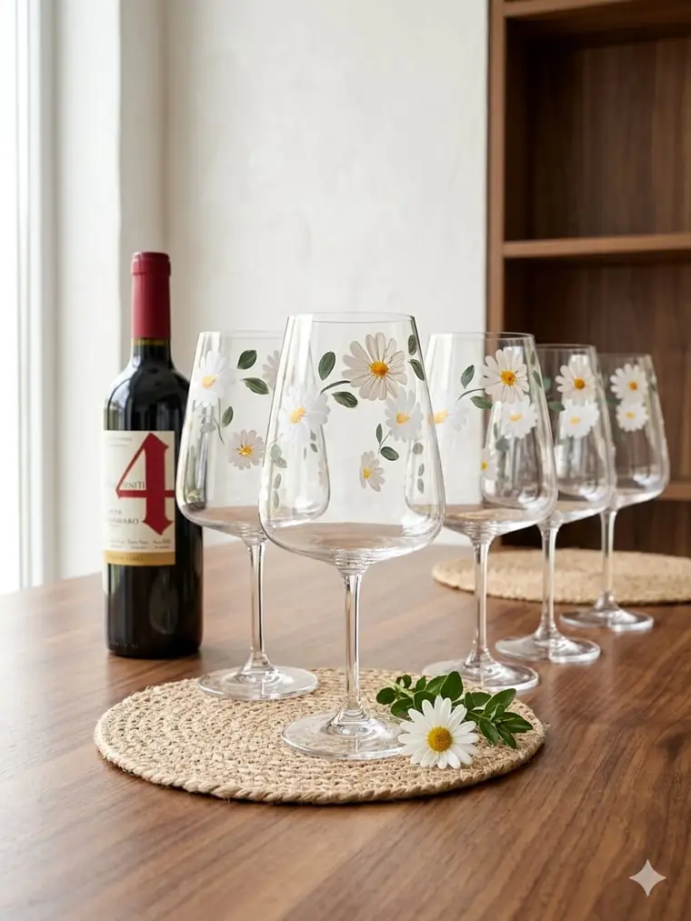 Taças de vinho pintadas à mão com margaridas